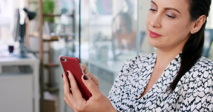 Happy, smile or woman with phone for internet networking, social media or content search in office building. Startup, mobile or employee lady on smartphone for media app, website or comic blog review