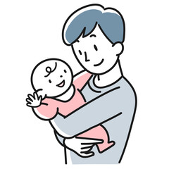 赤ちゃんを抱っこする笑顔の若い男性の上半身