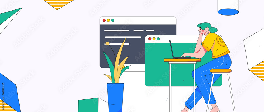 Wall mural programming teaching development flat character vector concept operation hand drawn illustration