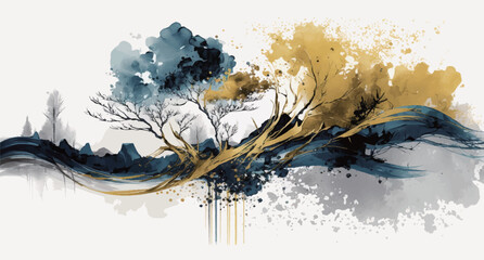 Abstract ink landscape painting, art drawing, vector illustration, watercolor - obrazy, fototapety, plakaty