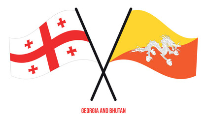 Georgia and Bhutan Flags Crossed And Waving Flat Style. Official Proportion. Correct Colors.