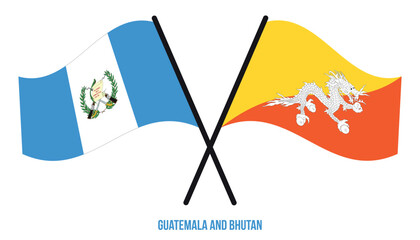 Guatemala and Bhutan Flags Crossed And Waving Flat Style. Official Proportion. Correct Colors.