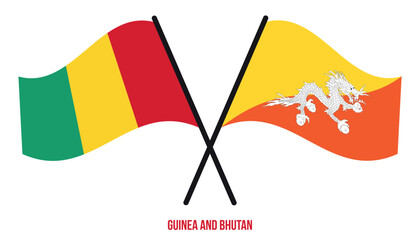 Guinea and Bhutan Flags Crossed And Waving Flat Style. Official Proportion. Correct Colors.