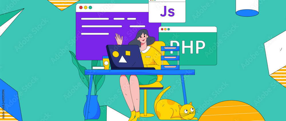 Wall mural programming teaching development flat character vector concept operation hand drawn illustration