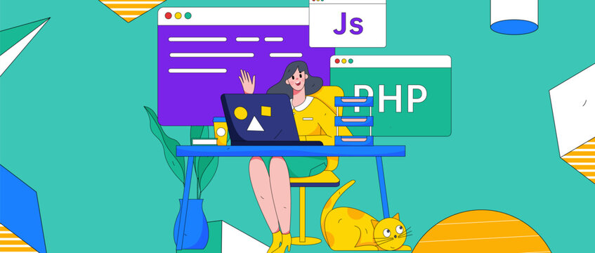 Programming teaching development flat character vector concept operation hand drawn illustration
