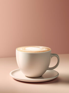 A cup of hot cappuccino with latte art on the table against beige background. Generative AI