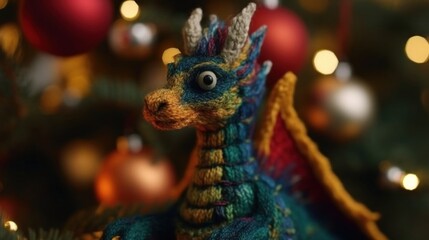 Little knitted dragon toy on a christmas tree. Closeup. Christmas and new year card. Bokeh background. Generative ai