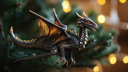 Fototapeta premium Little wooden dragon toy on a christmas tree. Closeup. Christmas and new year card. Generative ai