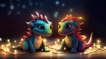 Two little cute dragons surrounded by Christmas lights. Christmas and new year holliday card. Generative ai