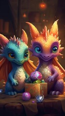 Two little cute dragons gives gifts to reach other. Christmas and new year holliday card. Generative ai