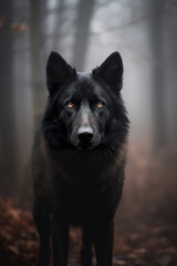 Beautiful black wolf in forest during foggy morning. A foreststrolling wolf. Portrait of wolf in forest. Realistic 3D illustration. Generative AI