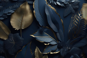 Beautiful luxury dark blue textured 3D background frame with tropical leaves. Leaves tropic banner exotic background. Realistic 3D illustration. Generative AI