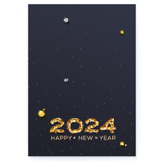 Happy New Year 2024. Glittering numbers decorated pearls and shimmering dust.