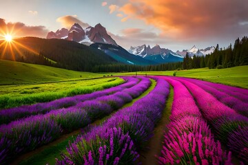 Fototapeta na wymiar lavender field at sunset Spring Awakening: Bask in the Warmth of a Beautiful Sunrise/Sunset