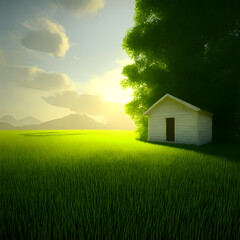 Wooden house in the green field at sunset, 3d render