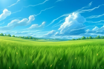 Obraz premium Summer blue sky and green grass landscape background, generative Ai