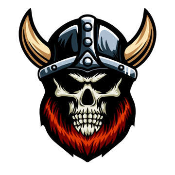 Viking warrior skull mascot. Vector viking skull logo illustration. Cartoon viking design for for emblem, patch, insignia, sticker, esport, t shirt print, sport team, label