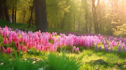 Fototapeta premium Beautiful landscape view with green grass and pink flowers in spring forest. Generative AI