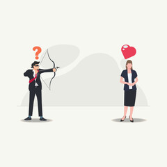 Fototapeta na wymiar Businessman with blindfold aiming to shoot at heart shape. Businessman in love vector illustration