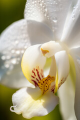 Obraz na płótnie Canvas Extreme close-up of a beautiful blooming white orchid flower, macro photography flowers. Generative AI