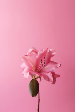 Empty clean pastel pink background with pink azelia flowers. Generative AI