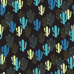 Exotic Night Forest Saguaro Cactus Vector Seamless Pattern
