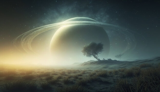 Planet with rings on the horizon of a misty alien world. Extraterrestrial landscape. Digital illustration.