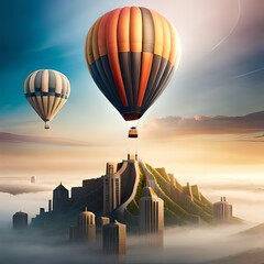 Eine futuristische Ai generierte Stadt die über den Wolken zu seien scheint und nur mit Heißluftballons zu erreichen ist.