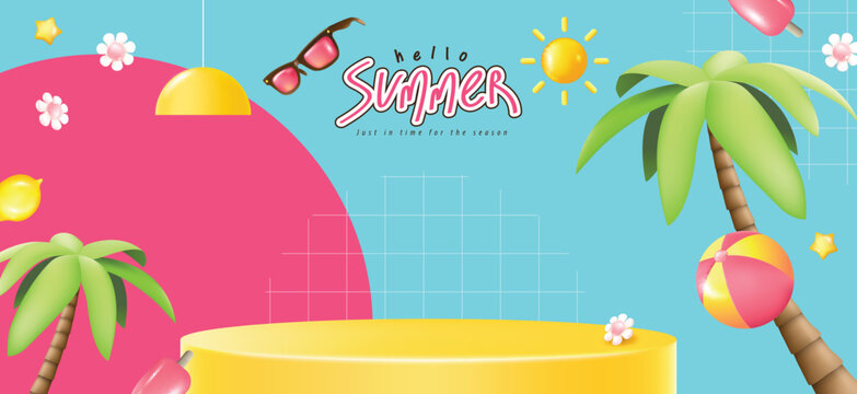 Summer promotion poster banner with yellow podium product display summer tropical beach vibes and empty space