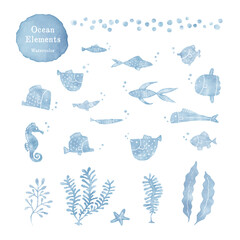 水彩風の海素材・魚・海藻、夏のイメージ