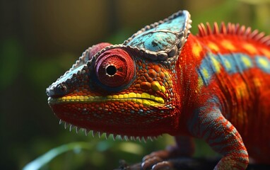 Obraz premium Multicolored chameleon on a green background closeup created with Generative AI technology