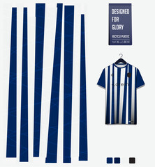 Soccer jersey pattern design. Stripes pattern on blue background for soccer kit, football kit, sports uniform. T shirt mockup template. Fabric pattern. Abstract background. 