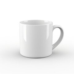 Empty white mug on white blank background mockup. White ceramic mug. Coffee cup on white with clipping path. Realistic 3D illustration. Generative AI