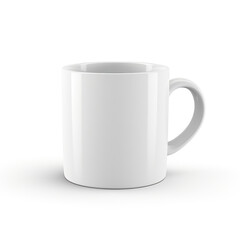 Empty white mug on white blank background mockup. White ceramic mug. Coffee cup on white with clipping path. Realistic 3D illustration. Generative AI
