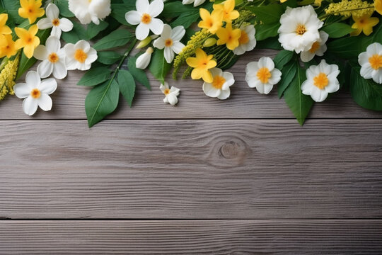 Spring Background Flowers On Side Wooden Table. Generative AI.