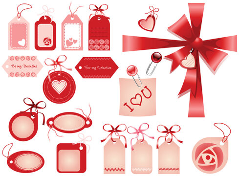 Set of valentine's day labels with ribbons and bows. Decorative red ribbon with bow and tag label with heart for Valentine's Day,  Vector 
