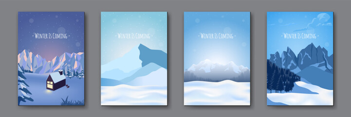 Obraz premium Flat winter landscape vector illustration with snowy background. Heaps of snow, Snowfall and a clear blue sky. Design elements for print and broadcast media.