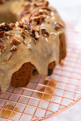 Chocolate pumpkin bundt cake with toffee glaze