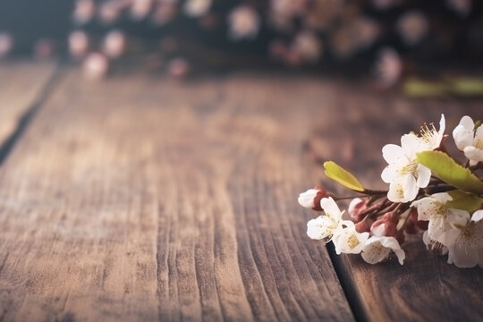 Spring Background Little Sakura Flowers On Side Wooden Table. Generative AI.