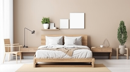 Fototapeta na wymiar bedroom mockup with natural wood furniture and a beige color scheme