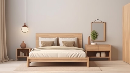 Fototapeta na wymiar bedroom with natural wood furniture and a beige color scheme, empty wall, good for frame mockup template
