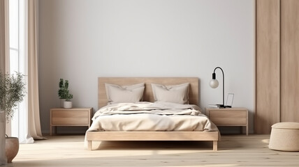 Fototapeta na wymiar bedroom with natural wood furniture and a beige color scheme, empty wall, good for frame mockup template