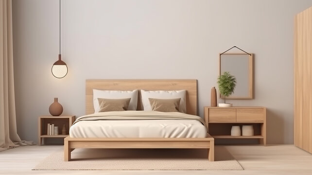 bedroom with natural wood furniture and a beige color scheme, empty wall, good for frame mockup template