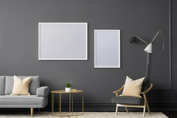 gray sofa near dark wall, empty picture frames, minimalist frame mockup, Poster Mockup, Photo frame mockup, 3d render