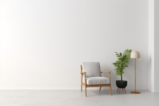 The interior has a armchair on empty blank white wall background, good for photo, art frame template on the wall