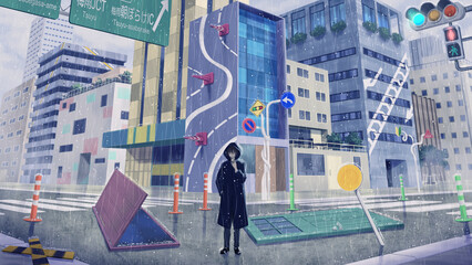 Fototapeta na wymiar 雨降るカオスストリートとレインコート男子【コンセプトアート】
