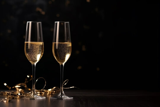 Two glasses of champagne, celebration party banner empty space