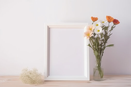Frame mockup with flowers. Portrait or poster frame mockup. Empty white frame mockup for presentation artwork.
