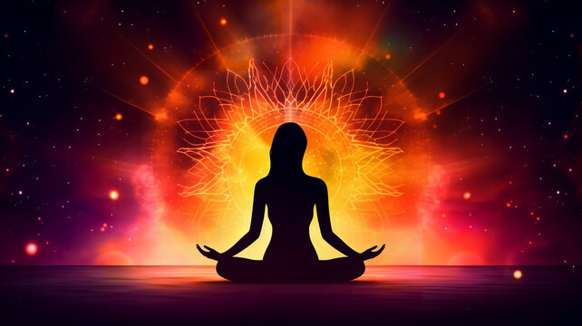 Silhouette of girl in Lotus yoga position on the abstract positive energy background
