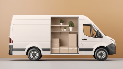 delivery car or movers service van full of cardboard boxes for fast delivery and logistic shipments concepts